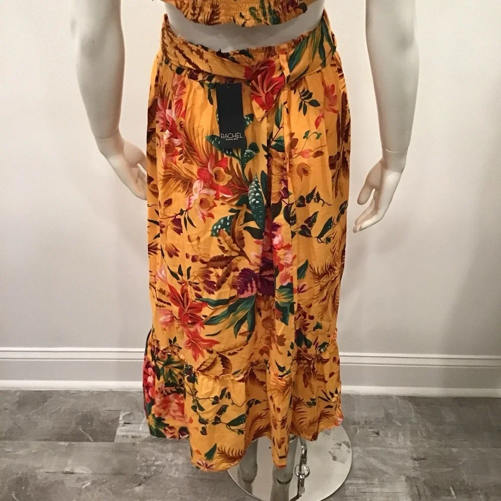 Rachel Roy Linen Skirt Set 3 Blouse Maxi Skirt Belt Floral Vacation Outfit Small